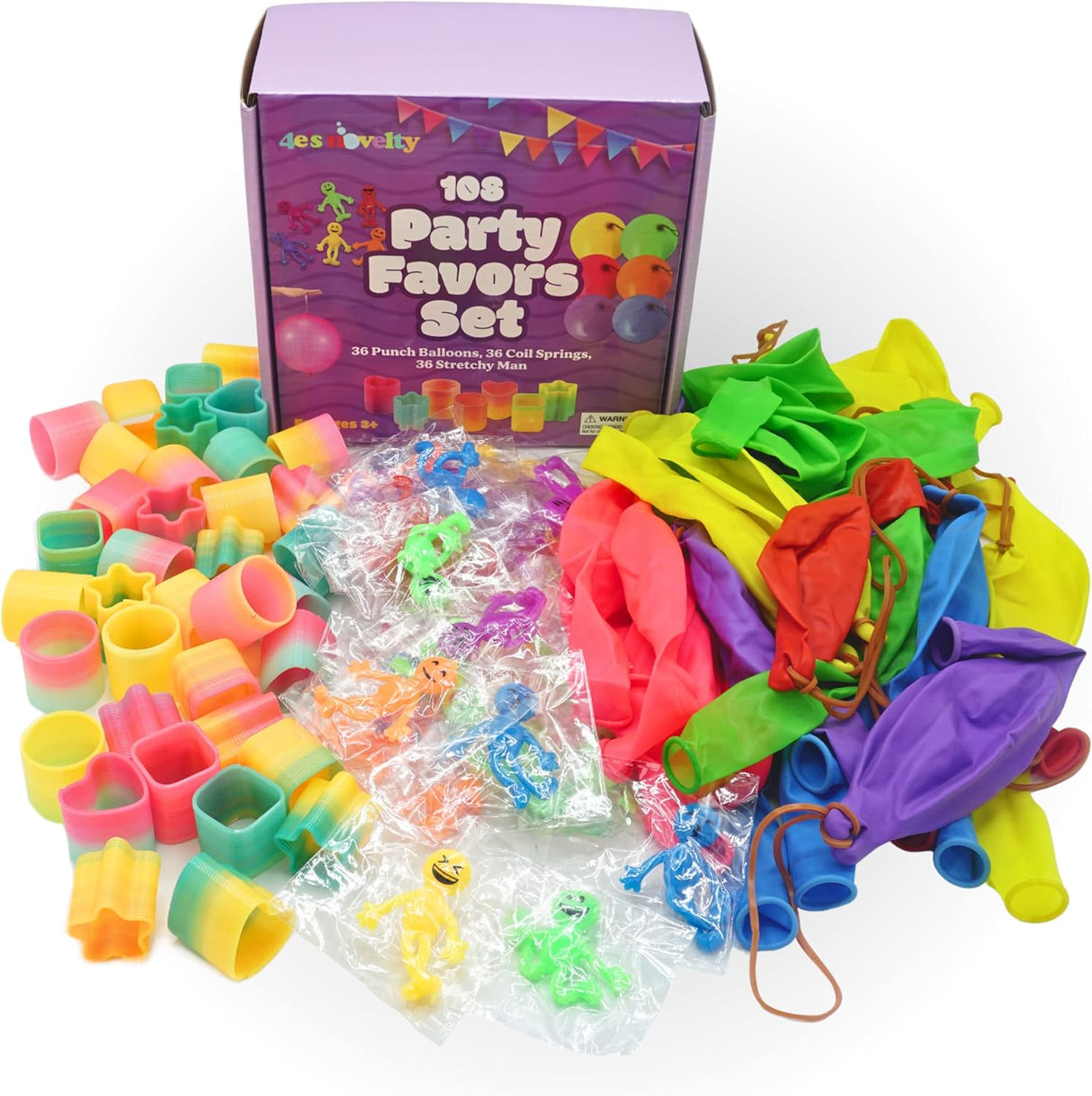 4E’s Novelty 108 Pcs Party Favors for Kids 8-12 – Punch Balloons, Coil Springs, Stretchy Men, Bulk Set