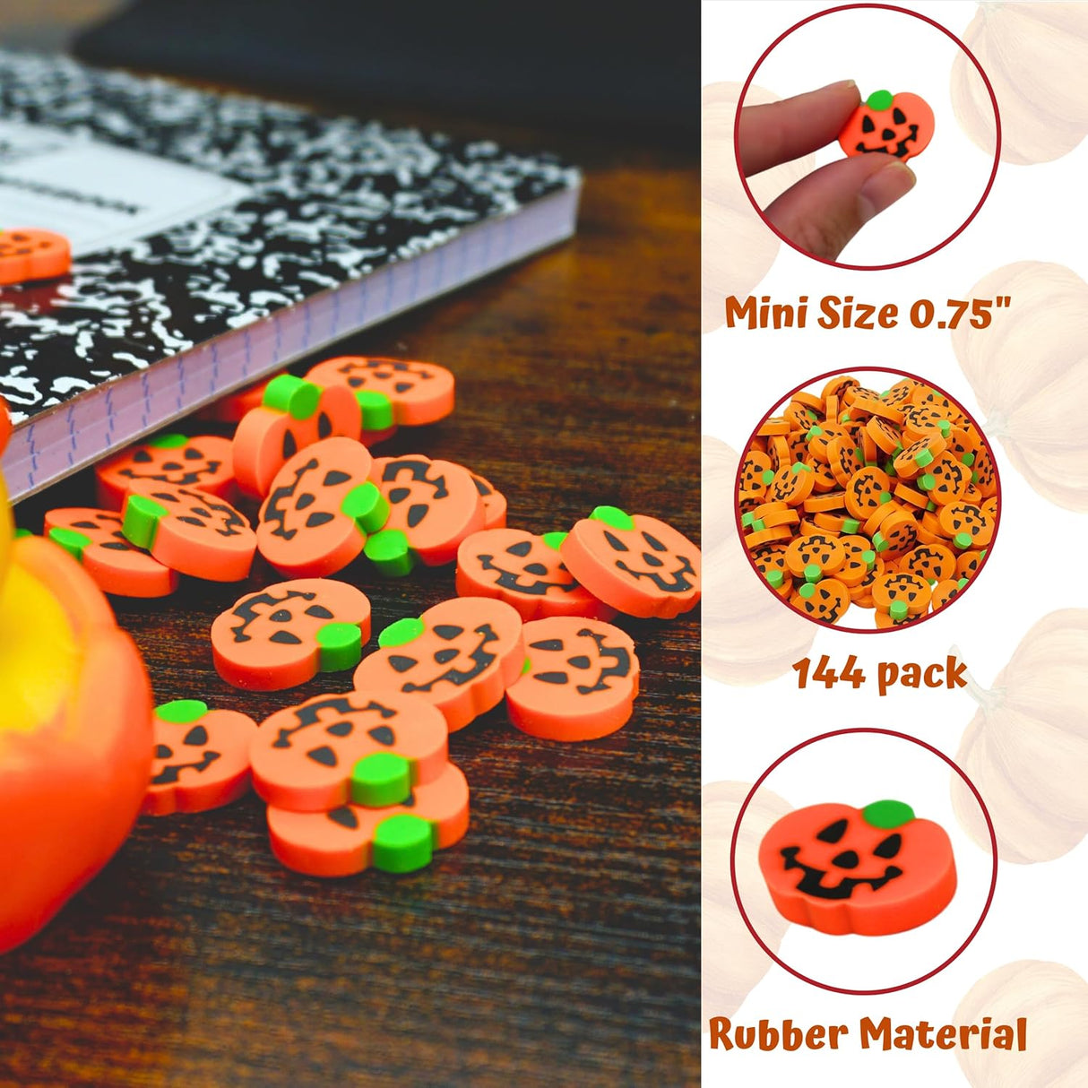 4E's Novelty Halloween Mini Pumpkin Erasers Bulk 144 pcs - Mini Erasers for Kids Bulk, Erasers for School, Classroom Mini Halloween Erasers for Kids