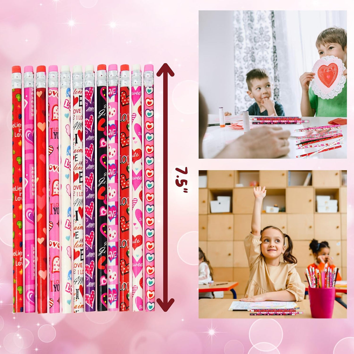 4E's Novelty 36-Pack Valentine Pencils with Erasers – Heart-Themed Classroom Party Favors