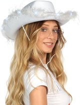 4E's Novelty Cowboy Hat with Feathers with Heart Shaped Sunglasses for Women, Felt Cowgirl Hat for Party Costume Dress Up (White)