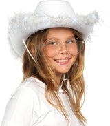 4E's Novelty Cowboy Hat with Feathers with Heart Shaped Sunglasses for Women, Felt Cowgirl Hat for Party Costume Dress Up (White)