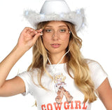 4E's Novelty Cowboy Hat with Feathers with Heart Shaped Sunglasses for Women, Felt Cowgirl Hat for Party Costume Dress Up (White)