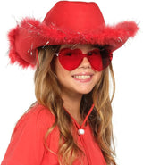 4E's Novelty Red Cowboy Hat with feathers With Heart Shaped Sunglasses for Women, Cowgirl Hat for Women Party Dress Up (Red)