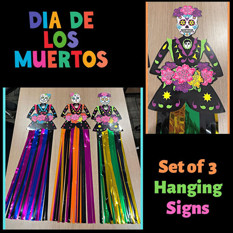 3 Pack  36’’ Day of Dead Halloween Hanging  Decorations - Dia de Los Muertos Decorations