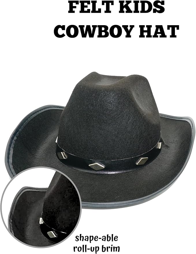 4E's Novelty Kids Black Cowboy Hats - 2 Pack - Fits Boys & Girls Ages 5-12 Yrs, Felt with Buckle Belt, Child Size Cowgirl Western Costume Accessories, Party Dress Up