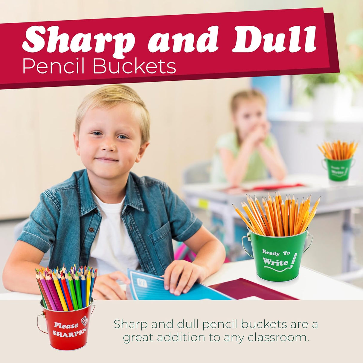 Pencil Buckets for Classroom Organization - 2 pcs per pack - Wooden Pencil Bucket Dispenser, Sharp and Dull Pencil Holder, Teacher Toolbox Organizers