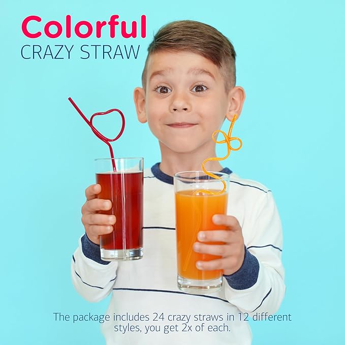 4E's Novelty 24 Pcs Reusable Twisty Straws – Colorful BPA-Free Crazy Straws for Kids & Adults