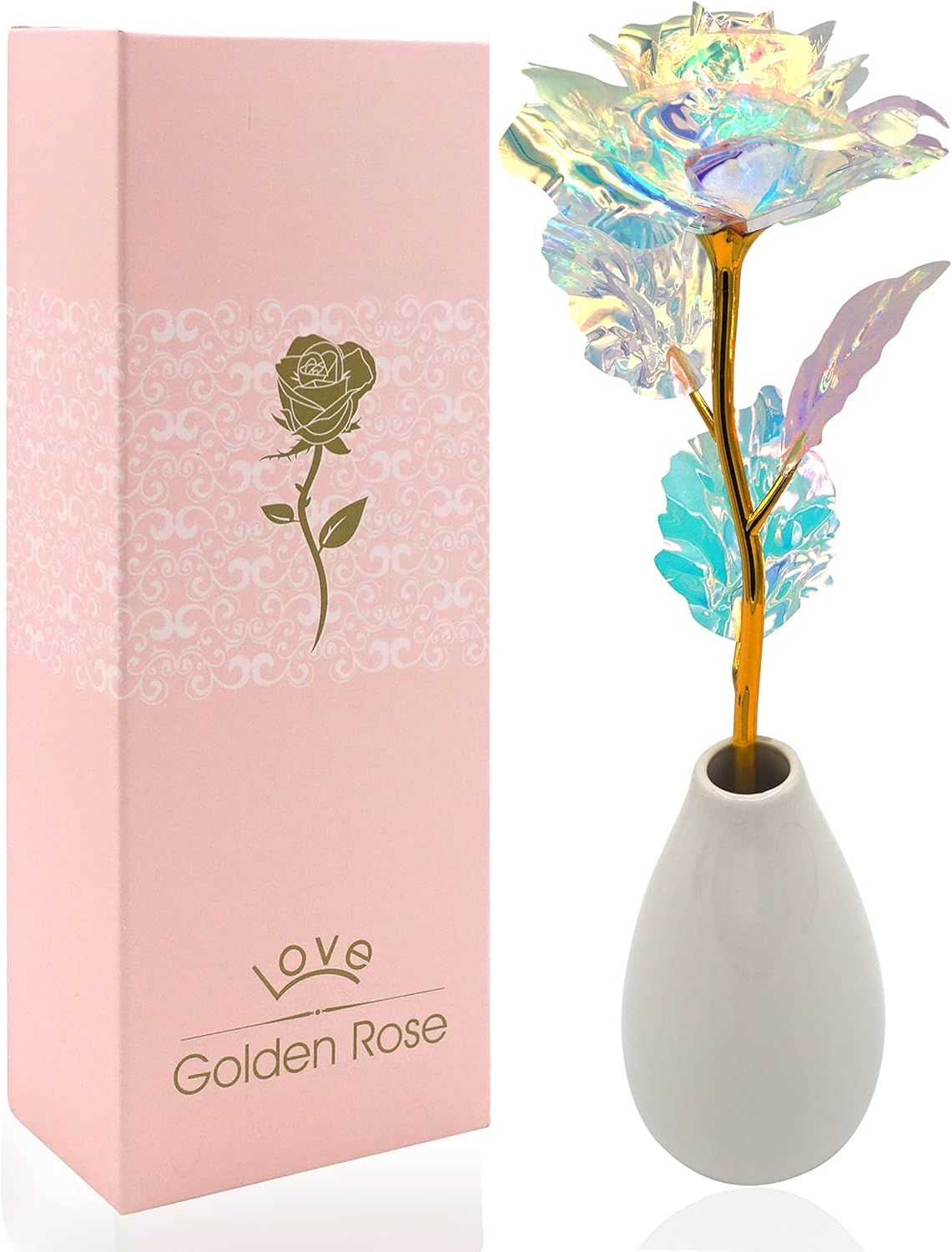 4E's Novelty Galaxy Crystal Rose – Iridescent Forever Rose with Heart Stand & Gift Box