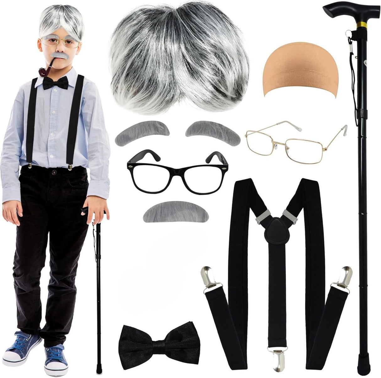 4E's Novelty Old Man Costume – 10-Pc Grandpa Dress-Up Kit with Wig & Cane for Kids