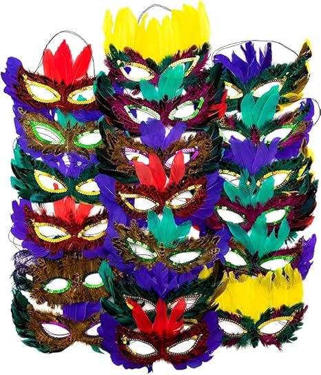 4E's Novelty 50-Pack Feathered Mardi Gras Masks for Adults Masquerade Party Accessories