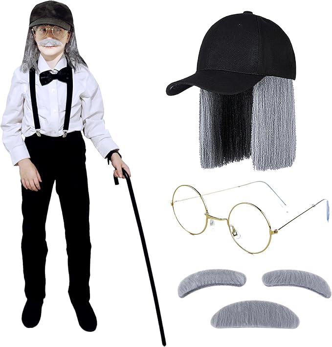 4E's Novelty Old Man Kit – Hat, Wig, Glasses, Mustache & Eyebrows for Kids & Adults