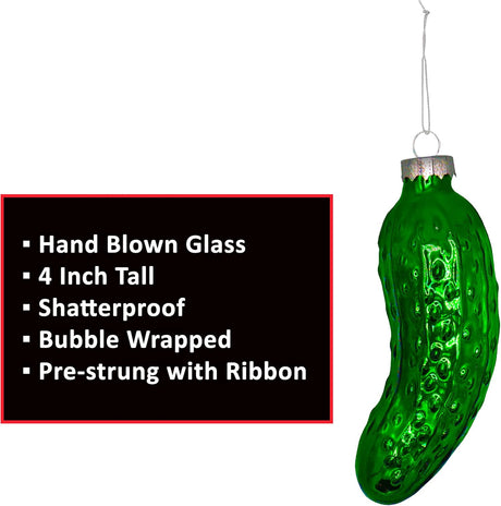 4E’s Novelty Blown Glass Pickle Ornament for Christmas Tree - 1 Pc Sparkly Pre-Strung 4” Christmas Pickle Ornament, Ideal Christmas Pickle Decor