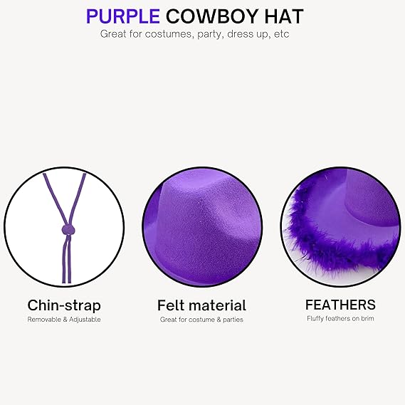 4E's Novelty Purple Cowboy Hat with feathers With Heart Shaped Sunglasses, Adult Size Womens Cowgirl Hat for Party Dress Up, Mardi Gras Outfit Accessories