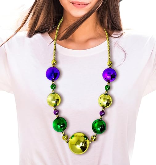 4E's Novelty Jumbo Mardi Gras Bead Necklace – Purple, Gold, Green Disco Ball Design