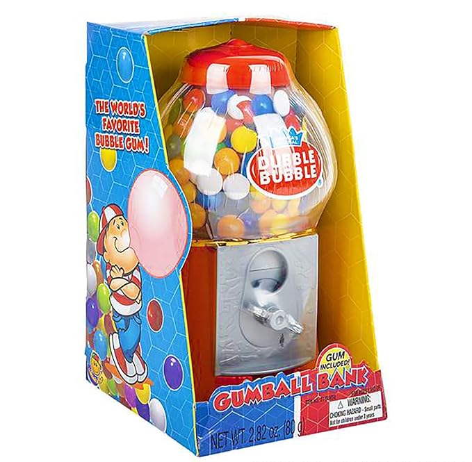 Coin-operated gumball machine perfect for kids and toy banks.