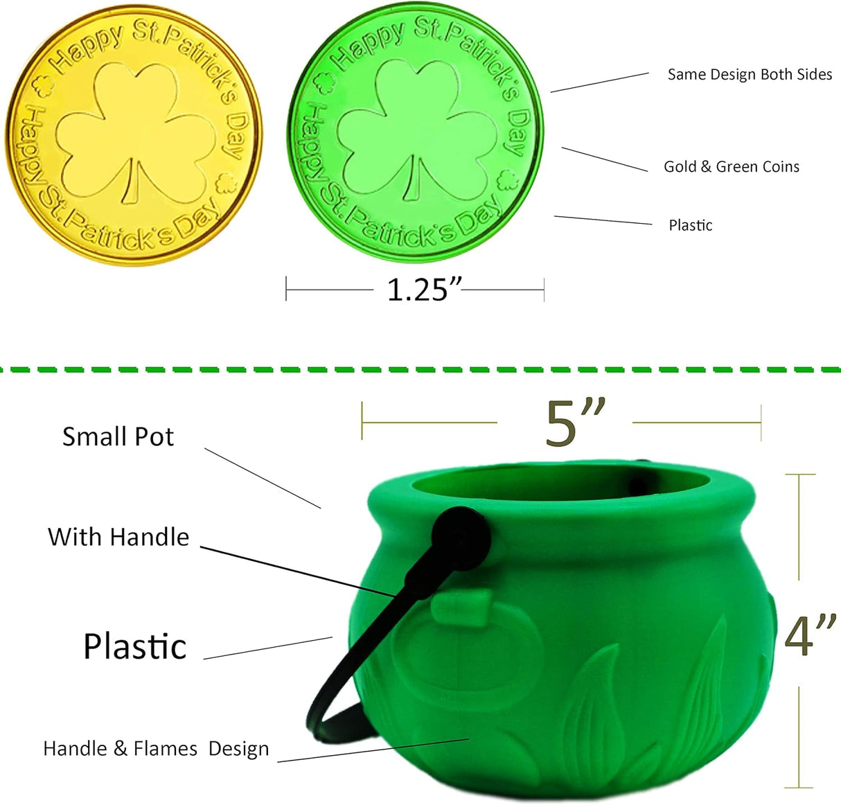 4E's Novelty St. Patrick’s Day Pot of Gold with 100 Lucky Coins – Leprechaun Decorations, Green & Gold Coins for Irish Party Favors