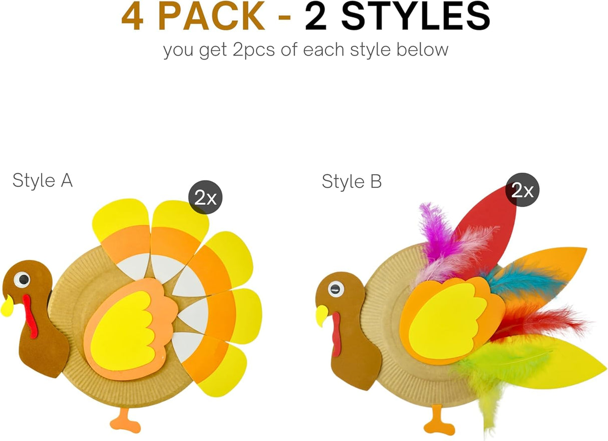 4 Pack Turkey Plate Craft for Kids - Thanksgiving Arts and Crafts for Kids Ages 3-12