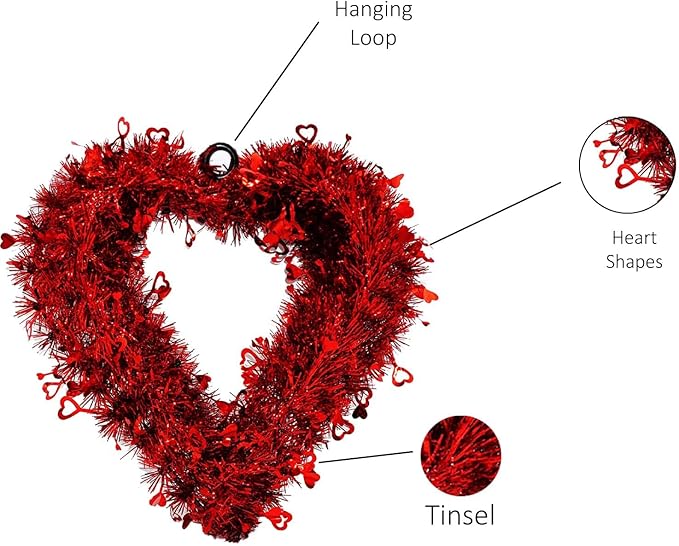 4E's Novelty 14” Valentines Tinsel Wreath – Red Heart Design for Front Door & Romantic Decor