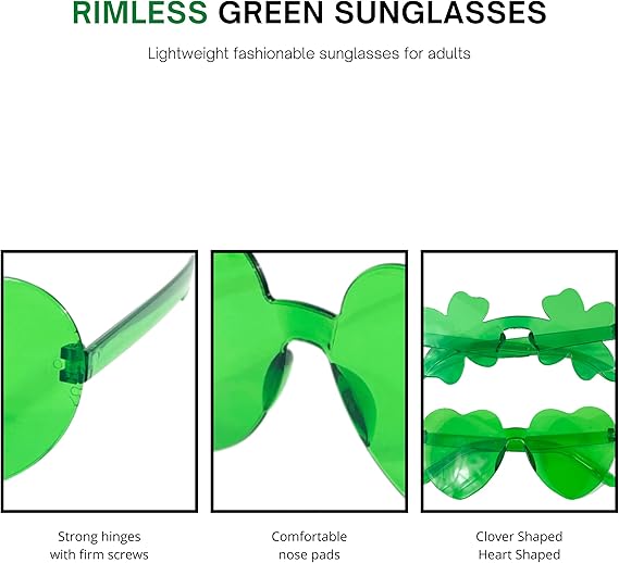 4E's Novelty Set of 2 Green Sunglasses for Adults - Shamrock & Heart Shaped St. Patrick's Day Party Accessories