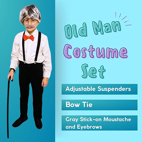 4E's Novelty Old Man Costume – Suspenders, Mustache, Eyebrows & Bow Tie for Kids