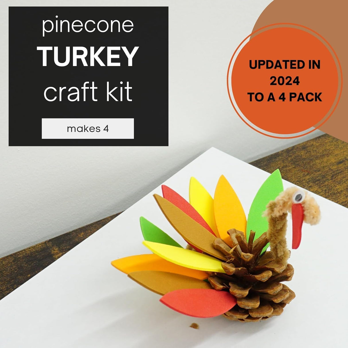 4 Pack Pinecone Turkey Craft Kit - DIY Thanksgiving Crafts for Kids & Adults