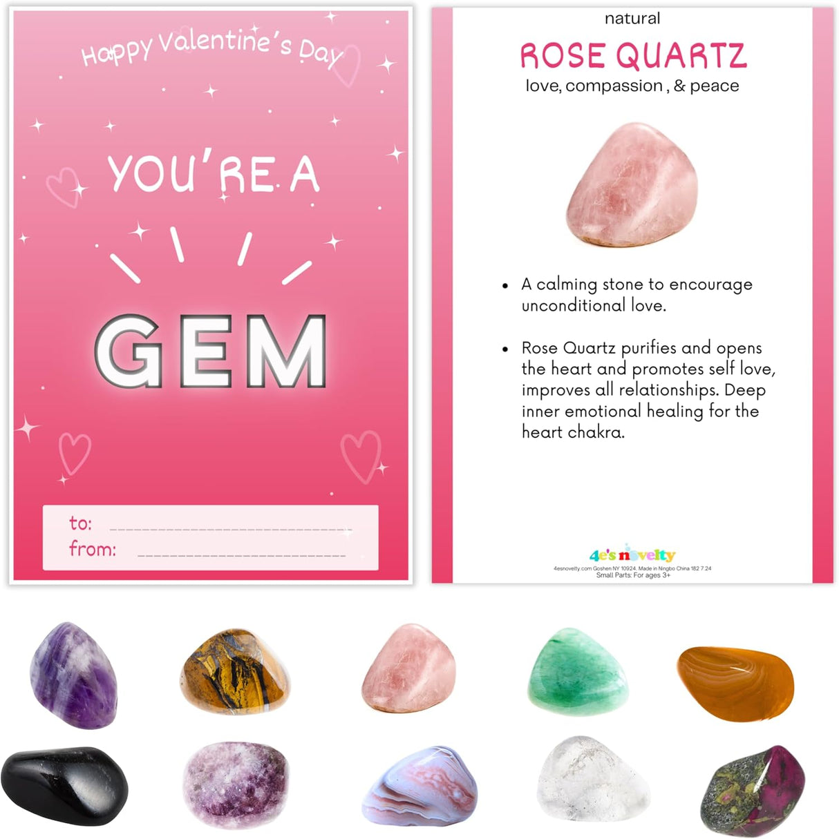 4E's Novelty 30-Pack Valentines Cards with Rock Gems – Natural Crystal Cards for Kids' Gifts