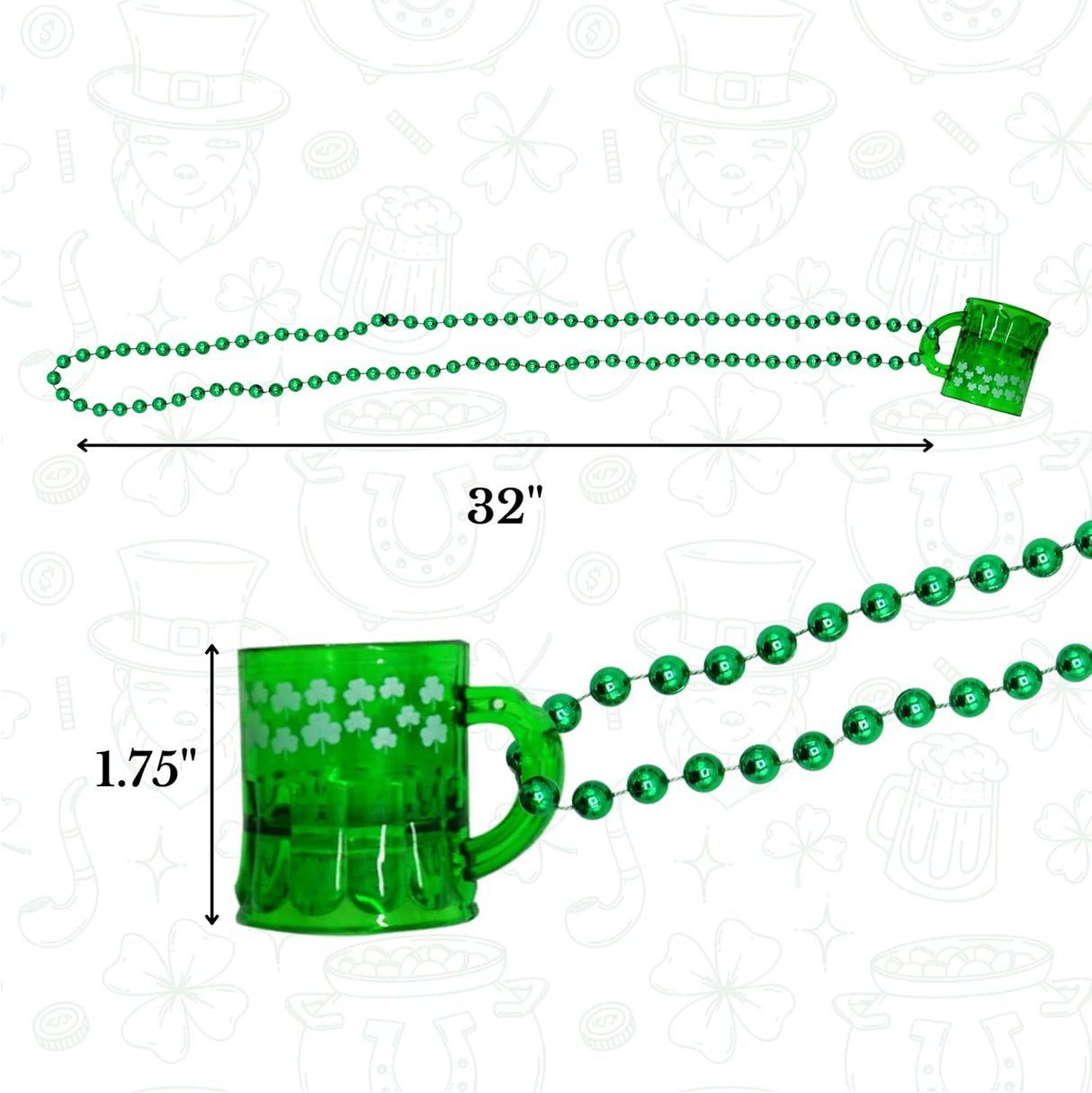 4E's Novelty St. Patrick’s Day Beads Necklace With Shot Glasses Beer Mug - Pack of 12, Shamrock Party Favors & Costume Accessories