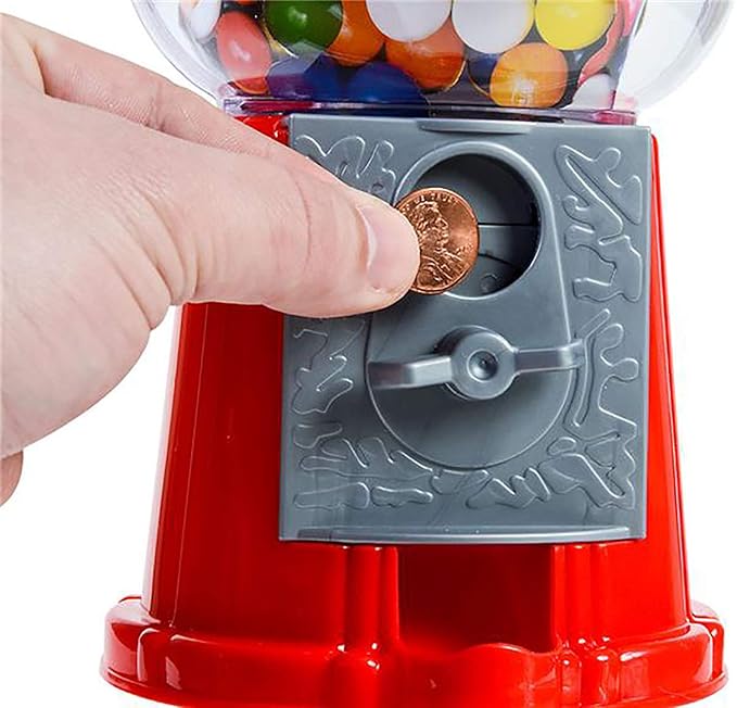 Coin-operated gumball machine perfect for kids and toy banks.