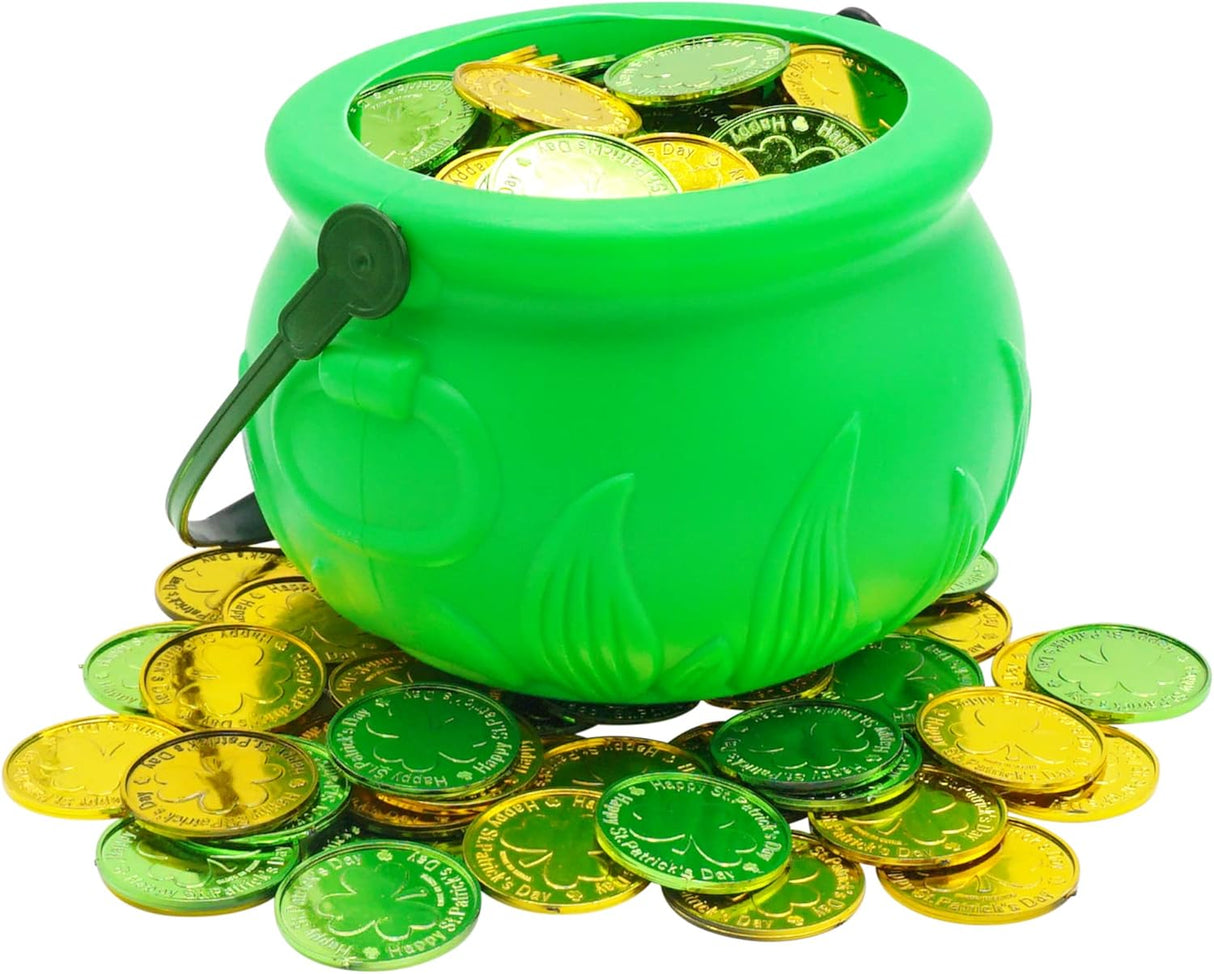 4E's Novelty St. Patrick’s Day Pot of Gold with 100 Lucky Coins – Leprechaun Decorations, Green & Gold Coins for Irish Party Favors