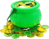 4E's Novelty St. Patrick’s Day Pot of Gold with 100 Lucky Coins – Leprechaun Decorations, Green & Gold Coins for Irish Party Favors