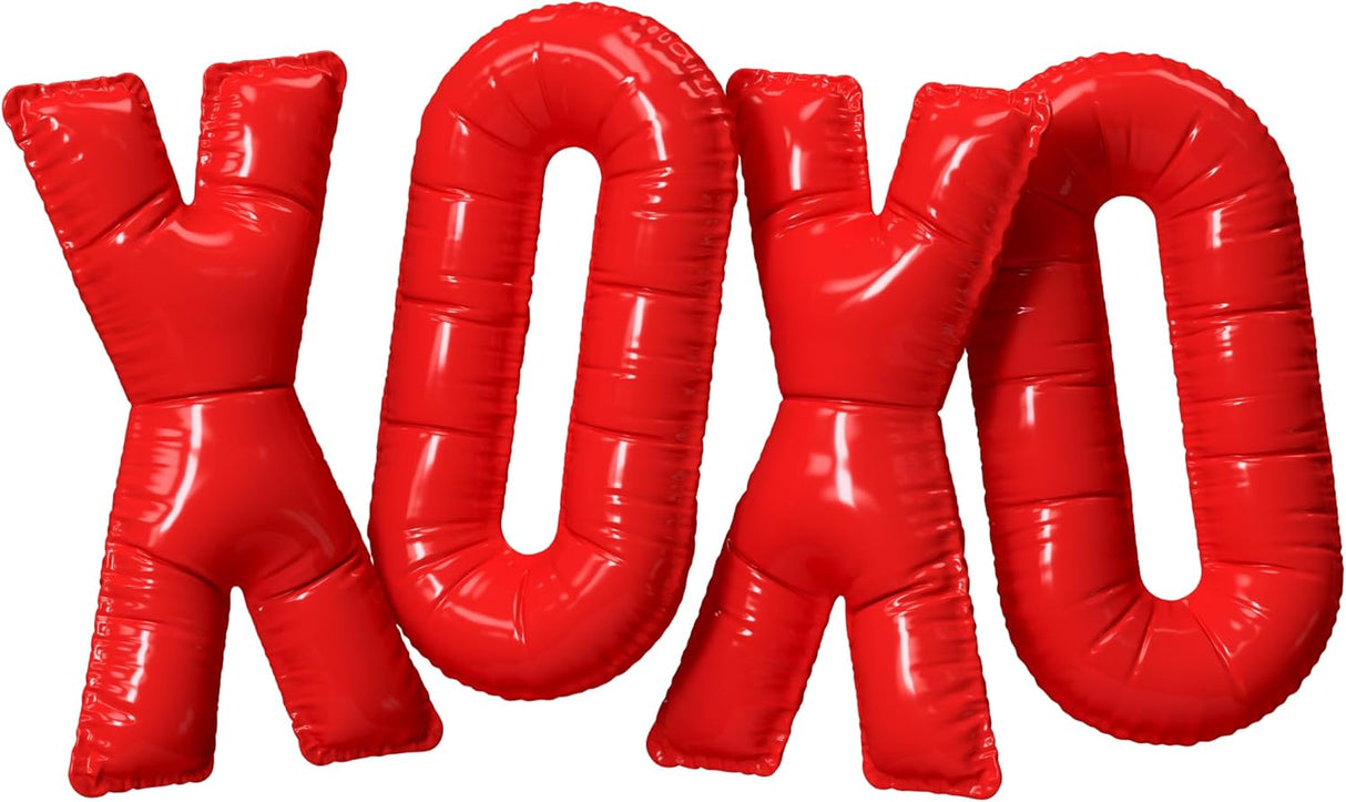 4E's Novelty 16” XOXO Balloons – Red Foil Valentine Party Balloons with Ribbon & Straw Included