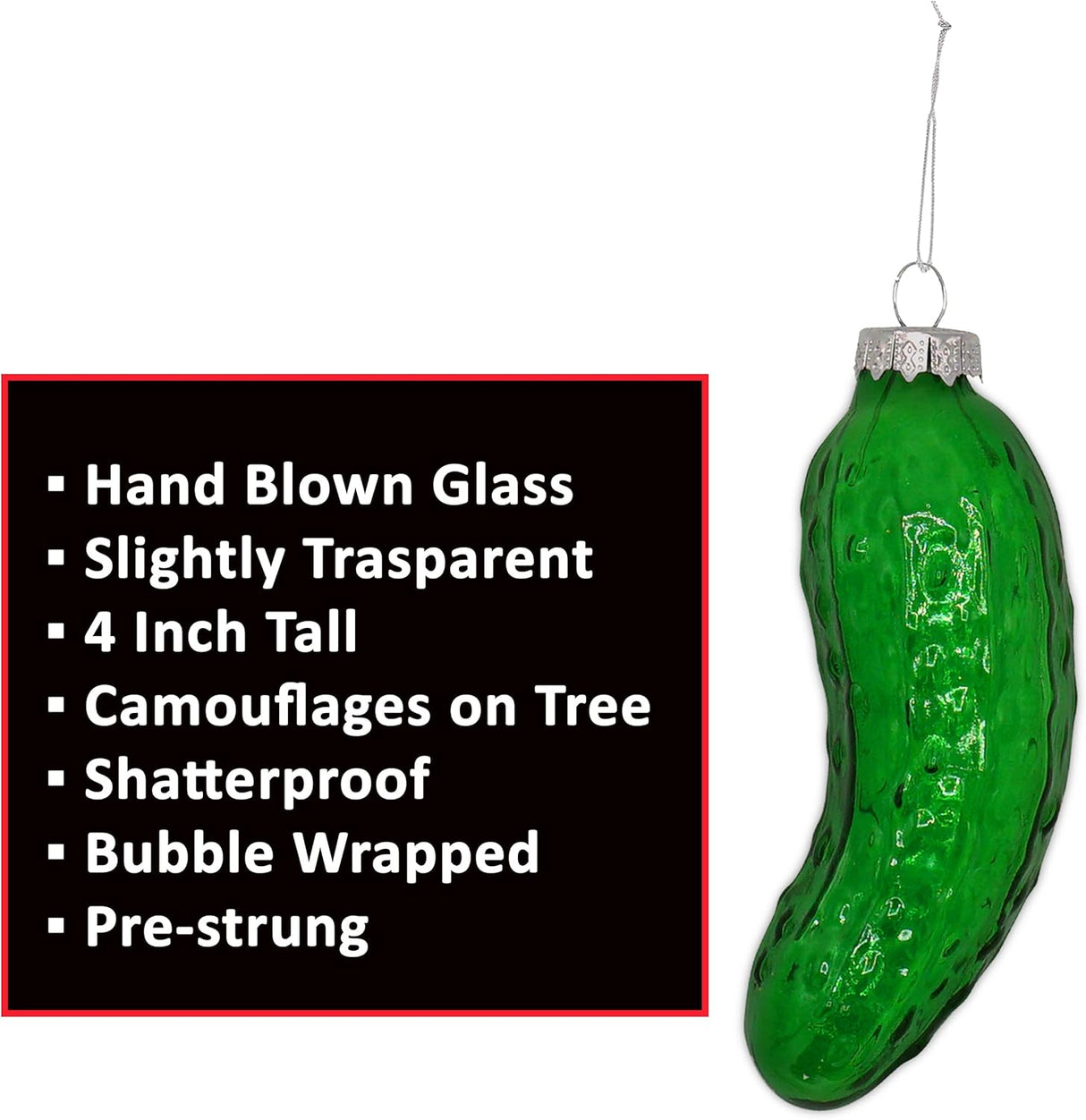 4E's Novelty Blown Glass Pickle Ornament - Christmas Pickle Decoration, 4’’ Pickle Ornaments for Christmas Tree & Pickle Ornament in Transparent Green