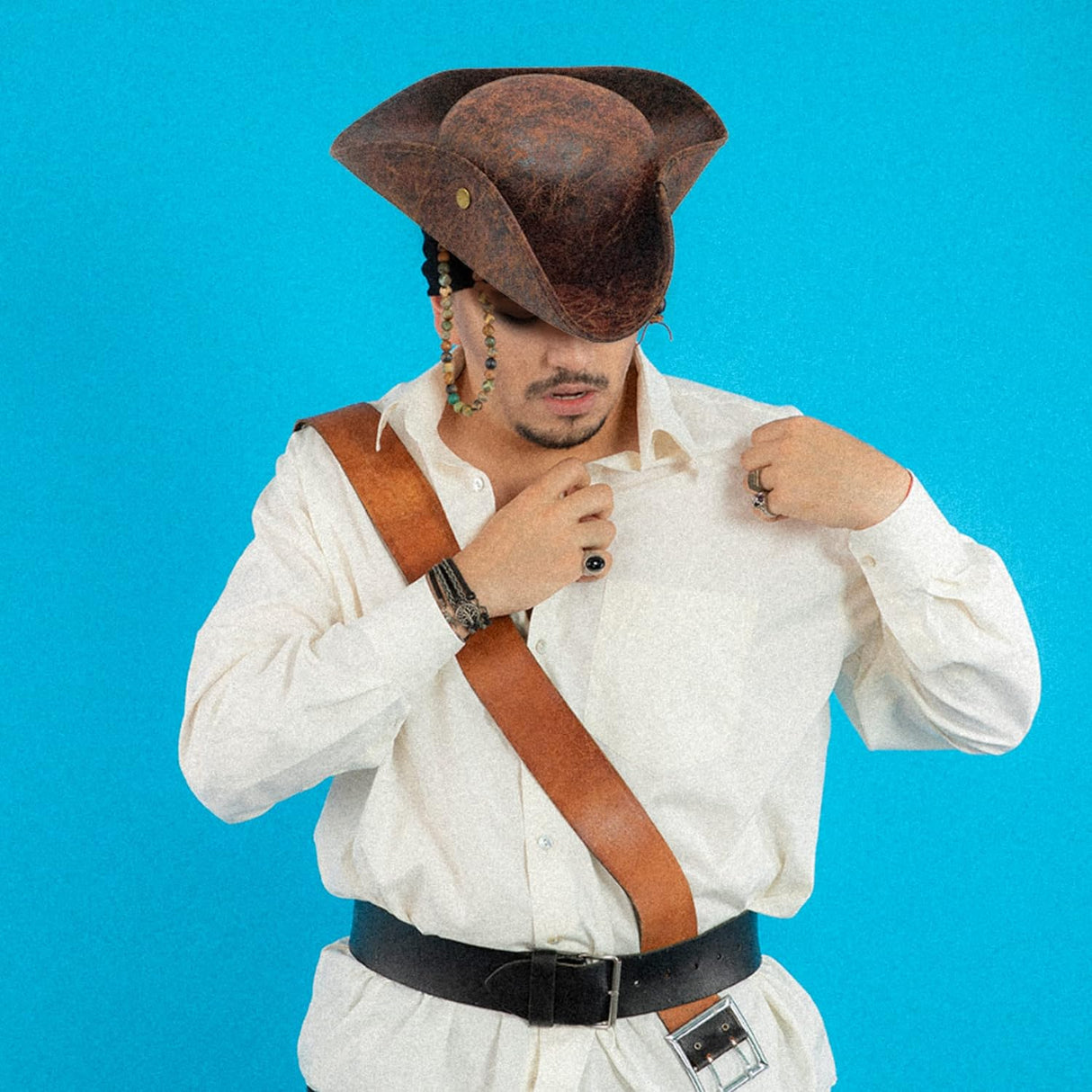 4E’s Novelty Brown Faux Leather Tricorn Hat - Pirate Costume for Men, Women & Kids, Pirate Accessories for Dress Up, Halloween Adult Pirate Costume