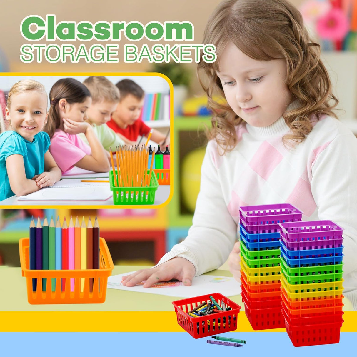 Square Classroom Baskets for Classroom Storage - Crayon Organizer, Small Bins, Plastic Crayon Box, Crayon Storage, Pencil Tray