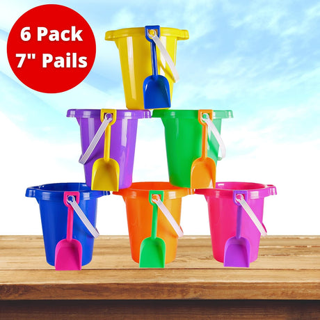 4E's Novelty 6 Pack Sand Buckets and Shovels for Kids - 7.5 Inch Large Beach Bucket Sand Toys for Toddlers & Kids, Beach Party Favors