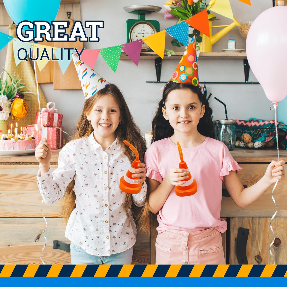 4E's Novelty Construction Cone Cups – 8-Pack 10oz Plastic Cups with Lid & Straws, Perfect for Kids Construction Theme Parties