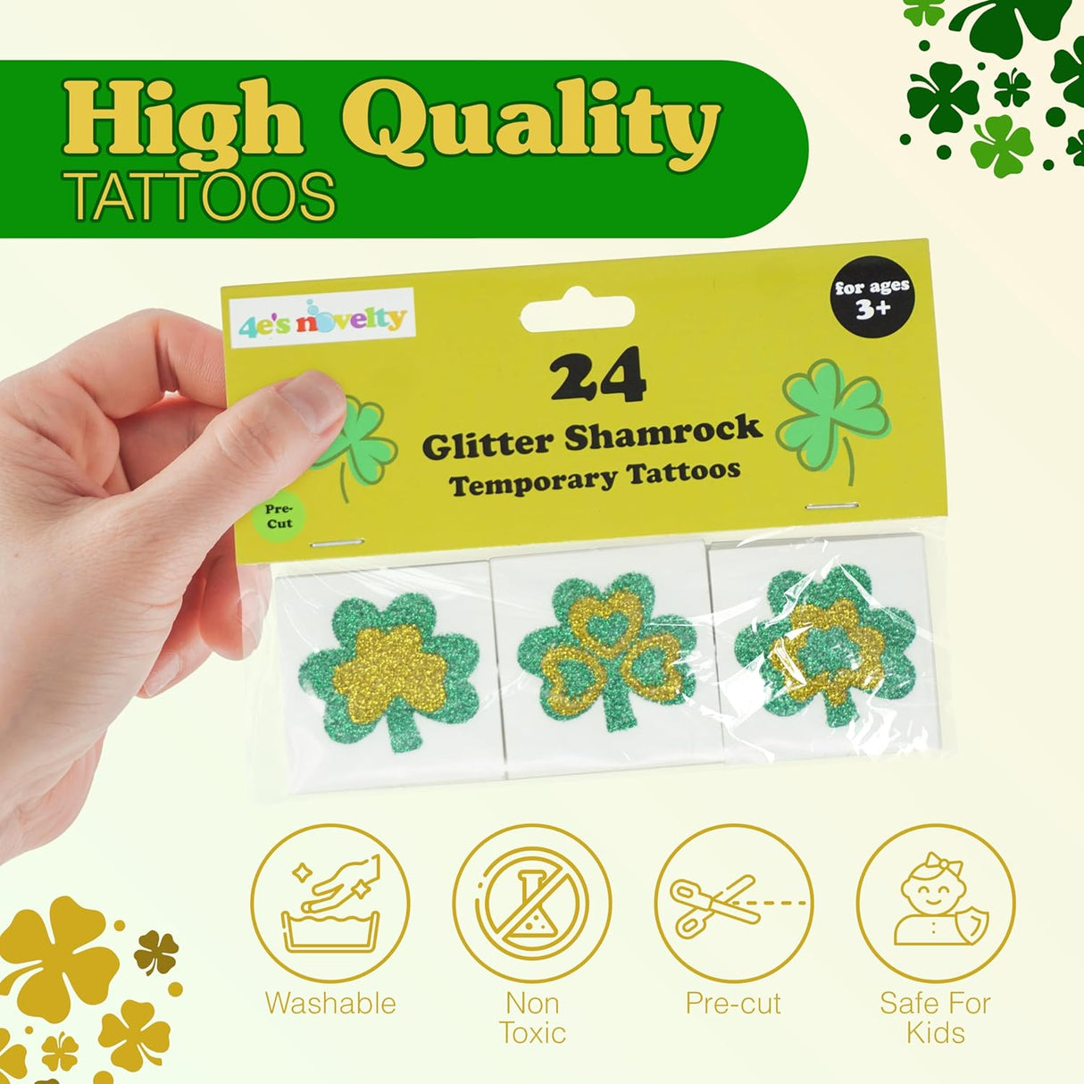 4E's Novelty Glitter Shamrock Tattoos – 24 Pack St. Patrick’s Day Party Accessories for Kids & Adults