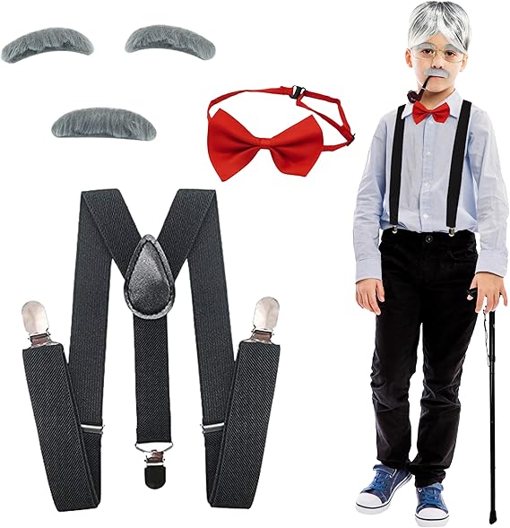 4E's Novelty Old Man Costume – Suspenders, Mustache, Eyebrows & Bow Tie for Kids