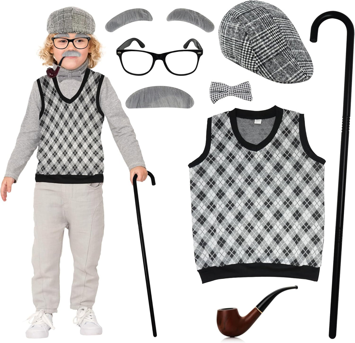 4E's Novelty Old Man Costume – Vest, Cane & 8-Pc Dress-Up Kit for Kids (Medium)