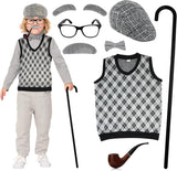 4E's Novelty Old Man Costume – Vest, Cane & 8-Pc Dress-Up Kit for Kids (Large)