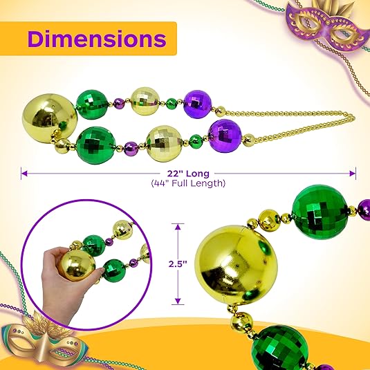 4E's Novelty Jumbo Mardi Gras Bead Necklace – Purple, Gold, Green Disco Ball Design