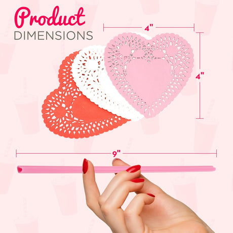 4E's Novelty 50-Pcs Pink Heart Straws & Doilies – Perfect for Valentines & Wedding Decorations