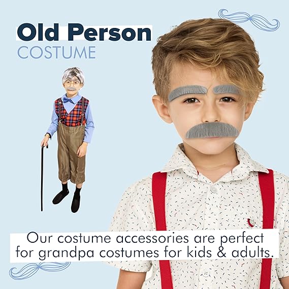 4E's Novelty Fake Mustache & Eyebrows – Old Man Costume Accessory for 100th Day of School