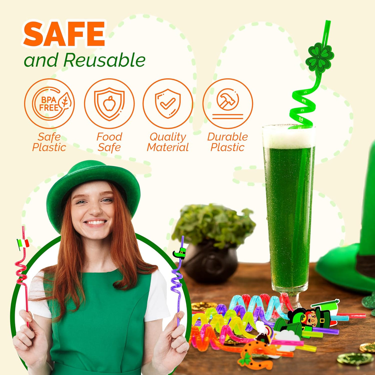 4E's Novelty St. Patrick's Day Party Straws – 24 Reusable Shamrock Straws for Kids & Adults