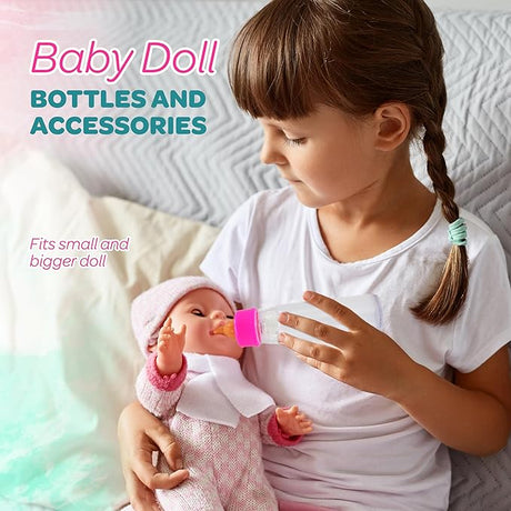 4E's Novelty 2 Pack Baby Doll Bottles Accessories, Magic Doll Disappearing Milk and Juice - Baby Doll Accessories Toys for Kids & Toddlers, Great Gift for Little Girls Ages 3 4 5 6 7