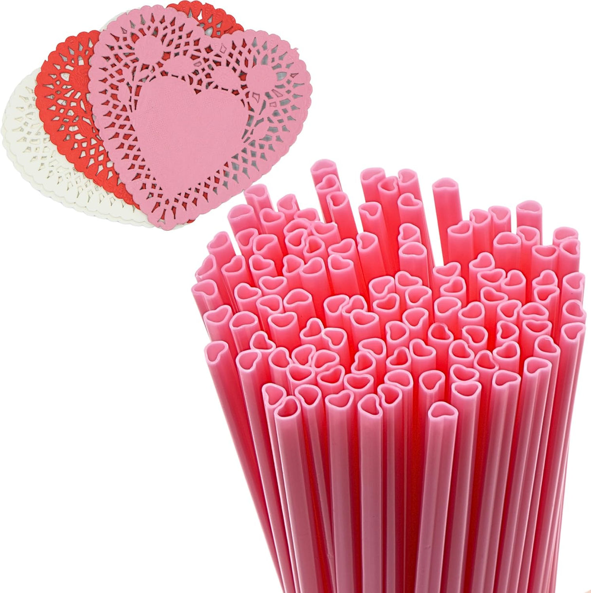 4E's Novelty 50-Pcs Pink Heart Straws & Doilies – Perfect for Valentines & Wedding Decorations