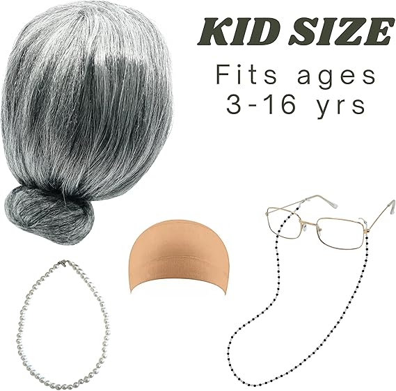 4E's Novelty Old Lady Costume – 5-Pc Grandma Dress-Up Set for Girls’ 100th Day of School