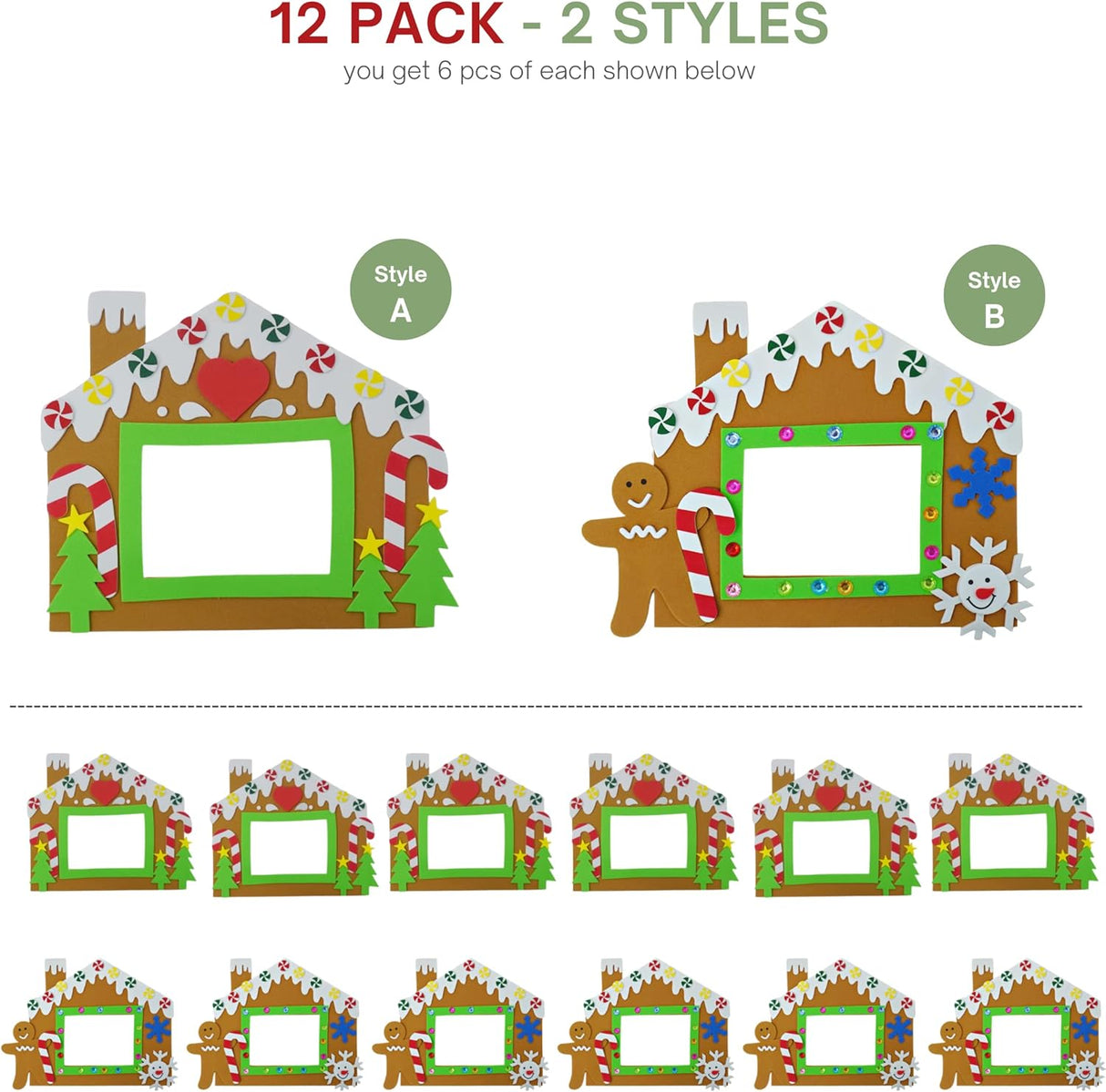 4E's Novelty Foam Gingerbread House Picture Frame Craft (12 Pack) – DIY Self Adhesive Christmas Photo Magnet Craft Kits for Kids Ages 3+ Bulk