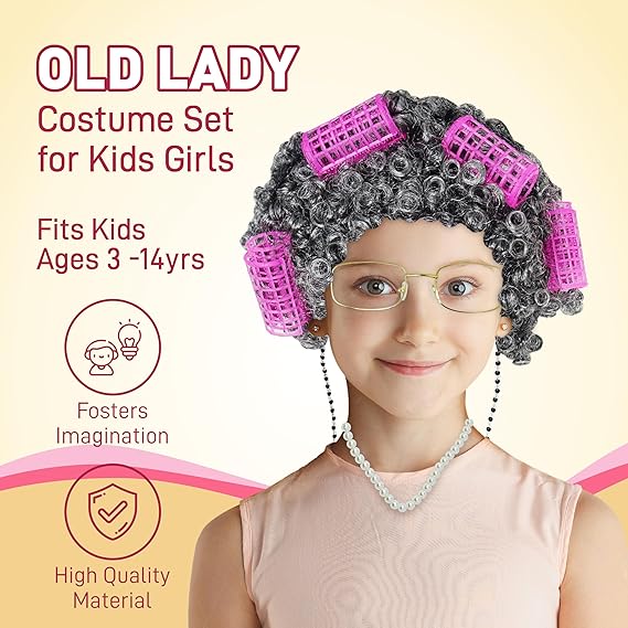 4E's Novelty Old Lady Costume – 7-Pc Grandma Set with Wig, Cane & Glasses for Girls