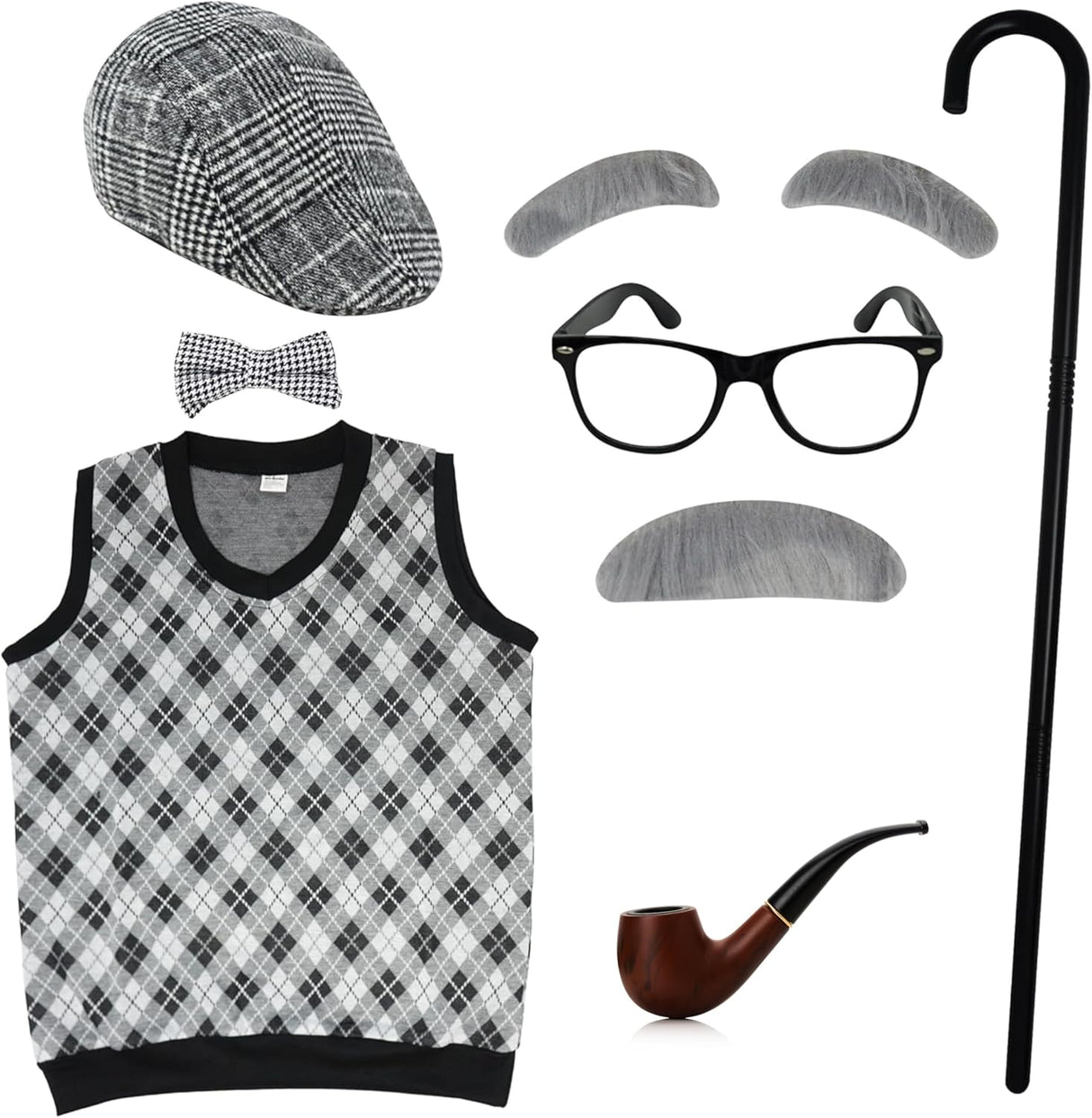 4E's Novelty Old Man Costume – Vest, Cane & 8-Pc Dress-Up Kit for Kids (Medium)